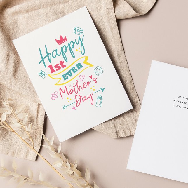 1. Ever Mothers Day Pink Blue Typografy Feiertagskarte (Happy First Ever Mother's Day Greetings Card)