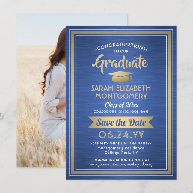 1 Foto Abschluss Brushed Royal Blue and Gold Save The Date (Vorne/Hinten)