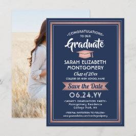 1 Foto Abschluss Elegant Navy Blue and Pink Save The Date