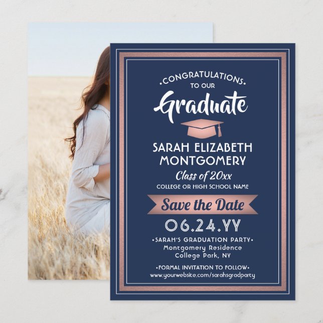 1 Foto Abschluss Elegant Navy Blue and Pink Save The Date (Vorne/Hinten)