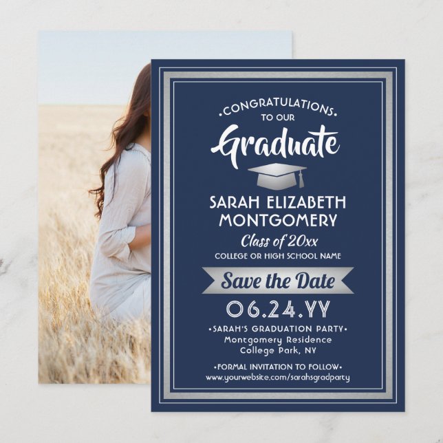 1 Foto Abschluss Elegant Navy Blue und White Save The Date (Vorne/Hinten)