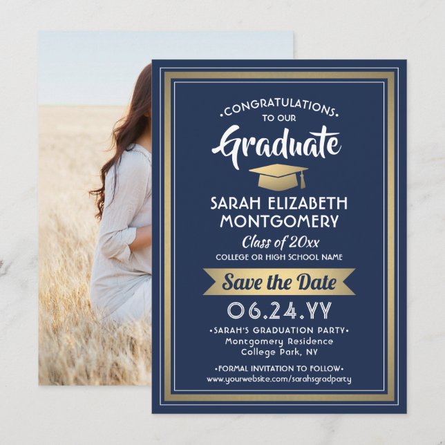 1 Foto Abschluss Elegante Navy Blue White & Gold Save The Date (Vorne/Hinten)