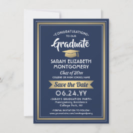 1 Foto Abschluss Elegante Navy Blue White & Gold Save The Date