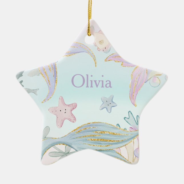 1 Foto Aquarell Glitzer Meerjungfrau Schwanz Meer Keramik Ornament (Vorne)