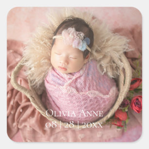 1 Foto Baby Birth Ankündigung Weiße Typografie Quadratischer Aufkleber