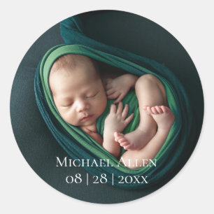 1 Foto Baby-Geburtsankündigung Rundes Aufkleber