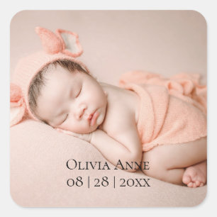1 Foto Baby-Geburtsankündigungs-Aufkleber Quadratischer Aufkleber