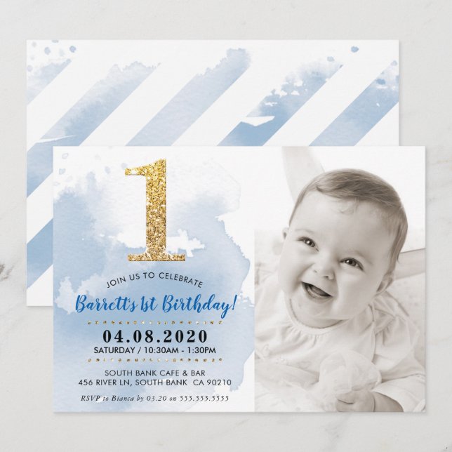 1. FOTO BIRTHDAY PARTY INVITE Gold Glitzer blau Einladung (Vorne/Hinten)