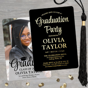 1 Foto Graduation Party Elegantes Skript Schwarz u Folieneinladung