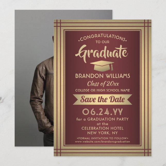 1 Foto Gratulation Graduate Burgundy und Gold Save The Date (Vorne/Hinten)