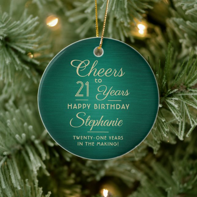 1 Foto JEDER Geburtstag Brushed Green and Gold Rou Keramik Ornament (Baum)
