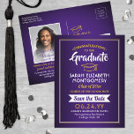 1 Foto Lila und Gold Abschluss Save the Date Ankündigungspostkarte<br><div class="desc">Teilen Sie die freudigen Neuigkeiten über Ihre bevorstehende Abschlussfeier sowie ein Bild mit diesen lila, goldenen und weißen Postkarteneinladungen Save the Date. Foto und alle Texte sind einfach zu anpassen. (IMAGE PLACEMENT TIP: Eine einfache Möglichkeit, ein Foto genau so zu zentrieren, wie Sie es gewollt haben, ist es, es einzuschneiden,...</div>