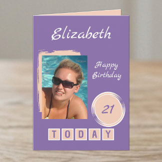 1 Foto Name Pfirsich Lila 21. Geburtstag Karte