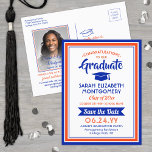 1 Foto Orange und Blue Abschluss Save the Date Ankündigungspostkarte<br><div class="desc">Teilen Sie die freudigen Neuigkeiten über Ihre bevorstehende Abschlussfeier sowie ein Lieblingsfoto mit diesen orangen und blauen Save the Date Postkarteneinladungen. Foto und alle Texte sind einfach zu anpassen. (IMAGE PLACEMENT TIP: Eine einfache Möglichkeit, ein Foto genau so zu zentrieren, wie Sie es gewollt haben, ist es, es einzuschneiden, bevor...</div>
