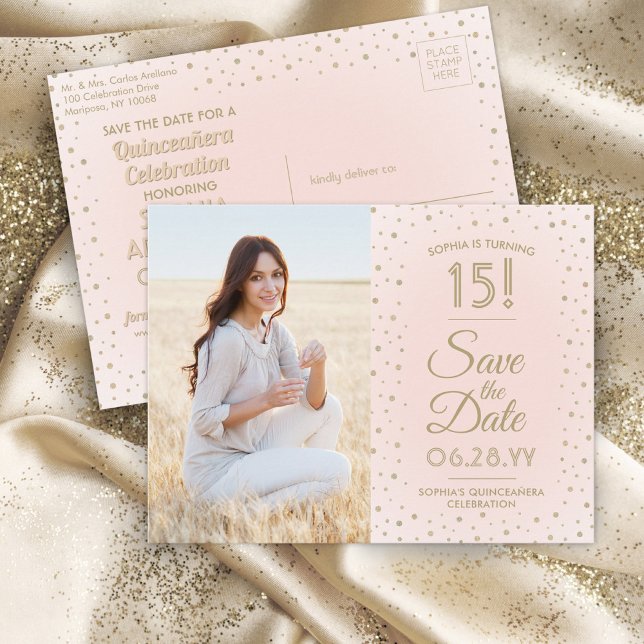 1 Foto Quinceanera Save the Date Rosa und Gold Einladungspostkarte (Von Creator hochgeladen)