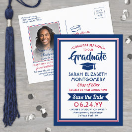 1 Foto Red White & Blue Abschluss Save the Date Ankündigungspostkarte