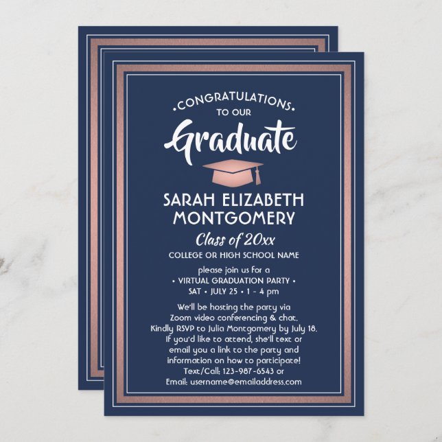1 Foto Virtual Graduation Party Navy Blue & Pink Einladung (Vorne/Hinten)