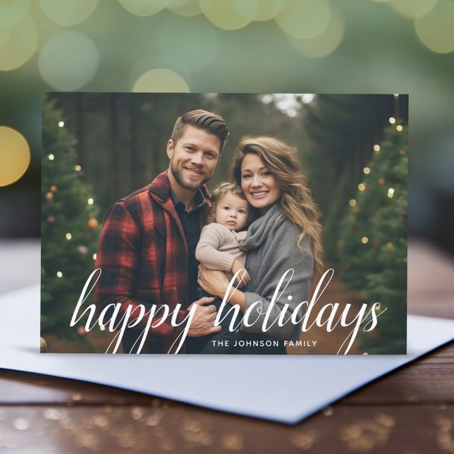1 Foto Weihnachtsskript White Damask Happy Feiertagskarte (A minimal design with script type over a full photo)