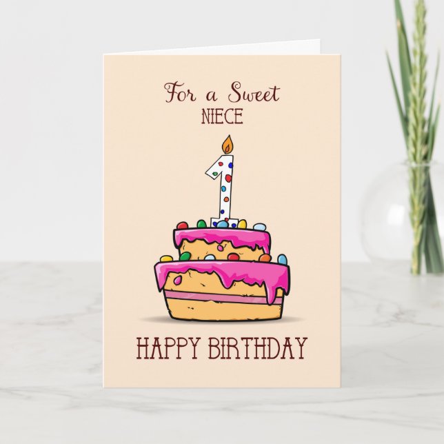 1. Geburtstag, 1. Geburtstag auf Sweet Pink Cake Karte (Vorderseite)