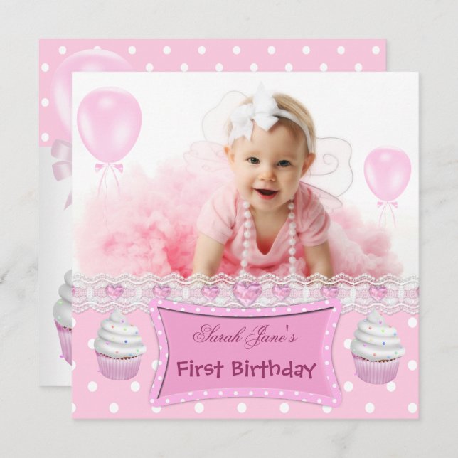 1. Geburtstag 1. Girl Pink Cupcakes Baby Einladung (Vorne/Hinten)