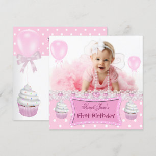 1. Geburtstag 1. Girl Pink Cupcakes Baby Einladung
