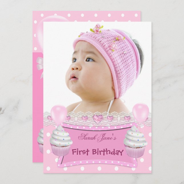 1. Geburtstag 1. Girl Pink Cupcakes Baby Einladung (Vorne/Hinten)
