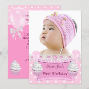 1. Geburtstag 1. Girl Pink Cupcakes Baby Einladung