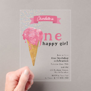 1. Geburtstag 1 glückliches Girl Pink Ice Creme Acryleinladungen