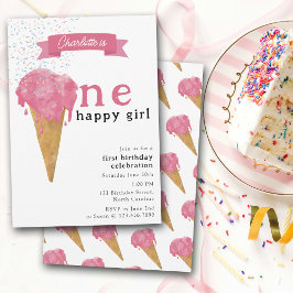 1. Geburtstag 1 glückliches Girl Pink Ice Creme Einladung