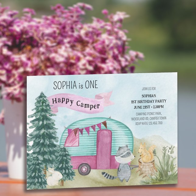 1. Geburtstag 1 Happy Camper Woodland Caravan Einladung (Von Creator hochgeladen)