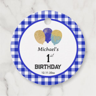1. Geburtstag 3 Glitter-Ballons & Blau Gingham Geschenkanhänger