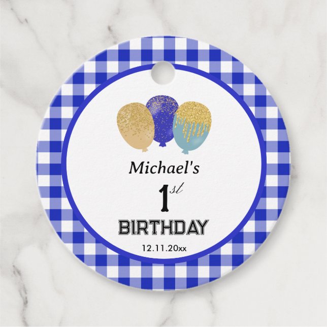 1. Geburtstag 3 Glitter-Ballons & Blau Gingham  Geschenkanhänger (Vorderseite)
