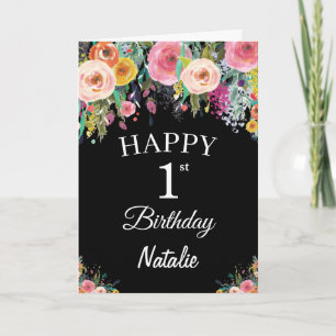 1. Geburtstag Aquarell Blumen Schwarz Karte