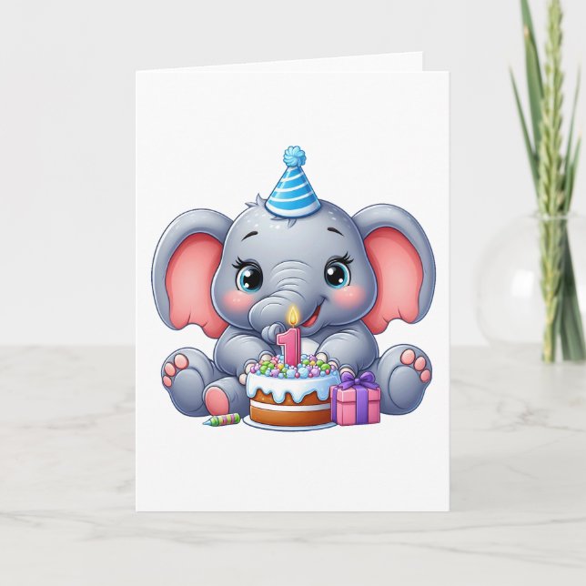 1. Geburtstag Baby Elefant Dankeskarte (Vorderseite)
