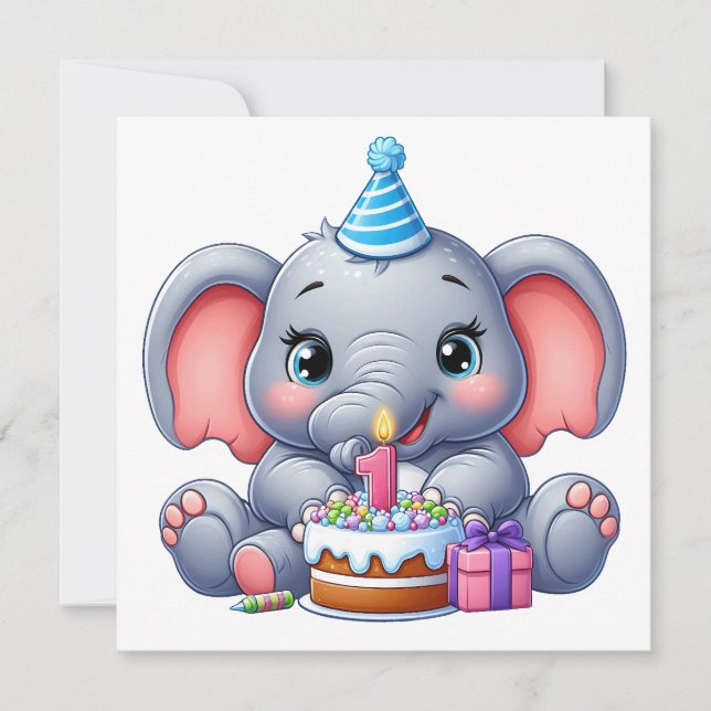 1. Geburtstag Baby Elefant Einladung (Vorderseite)