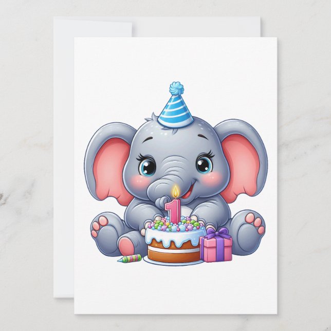 1. Geburtstag Baby Elefant Einladung (Vorderseite)