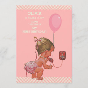 1. Geburtstag Baby Girl Phone Ballon Chevrons Einladung