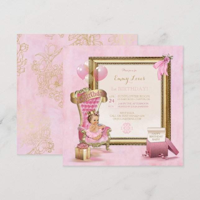 1. Geburtstag Baby Girl Princess Throne Gold Pink Einladung (Vorne/Hinten)