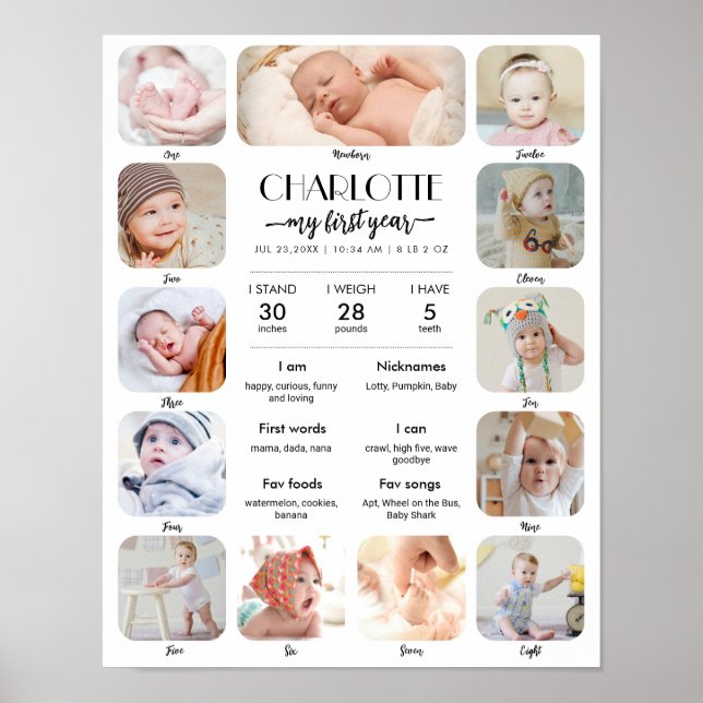 1. Geburtstag Baby Meilenstein Individuelle Bilder Poster (Vorne)