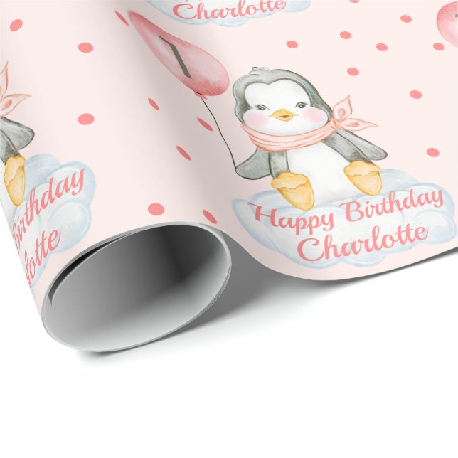 1. Geburtstag Baby Pinguin Pink Geschenkpapier (Rolleneckpunkt)