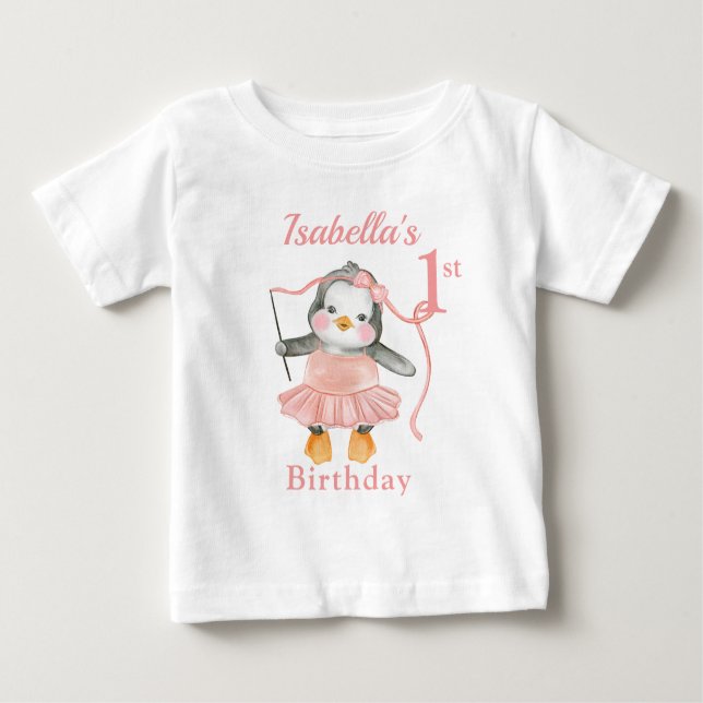 1. Geburtstag Ballerina Penguin Pink Baby T-shirt (Vorderseite)