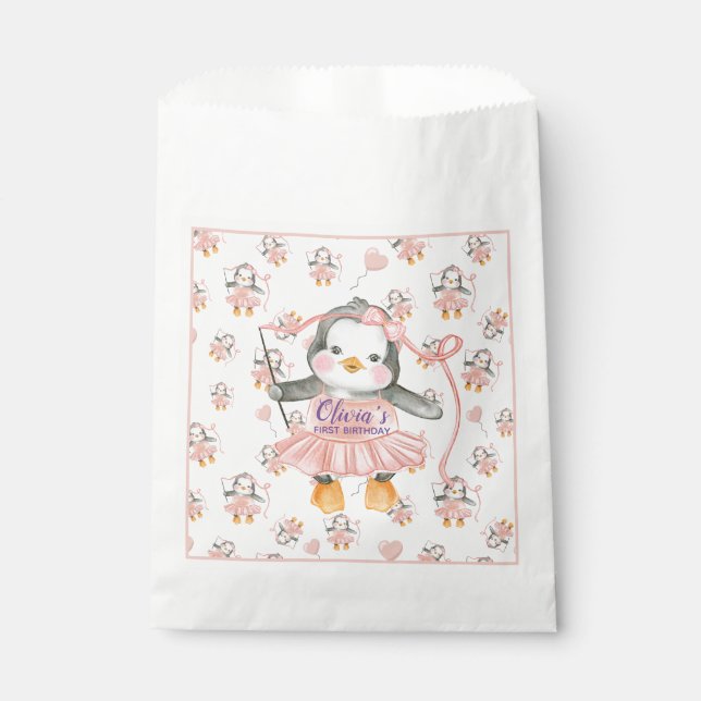 1. Geburtstag Ballerina Penguin Pink Geschenktütchen (Vorderseite)