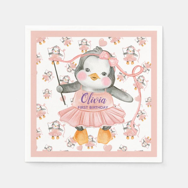 1. Geburtstag Ballerina Penguin Pink Paper Napkin Serviette (Vorderseite)