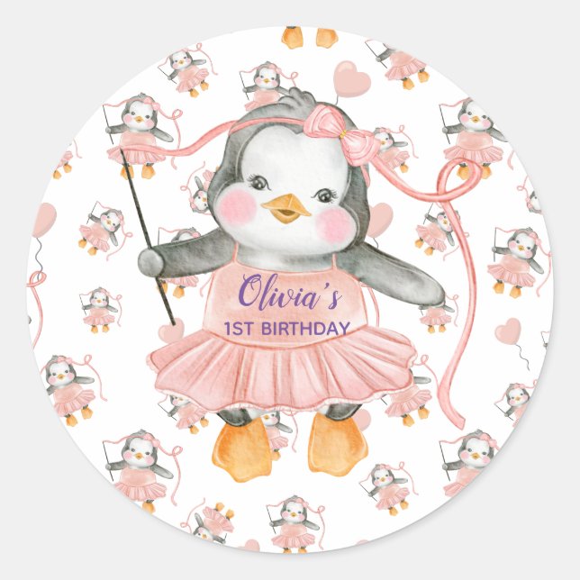 1. Geburtstag Ballerina Pinguin Pink Personalisier Runder Aufkleber (Vorderseite)