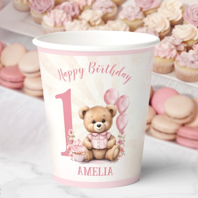 1. Geburtstag Bär Pink Balloons Papier Cups Pappbecher (1st Birthday Bear Pink Balloons Paper Cups)