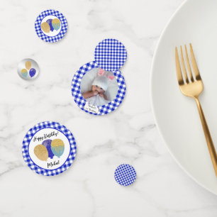 1. Geburtstag Blau Gingham Ballons & Foto Konfetti
