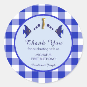 1. Geburtstag Blau Gingham Fisch Danke Runder Aufkleber