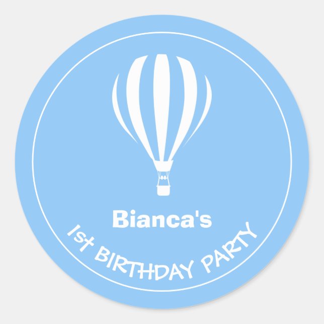 1. Geburtstag Blau und Weiß Heißluftballon Runder Aufkleber (Vorderseite)