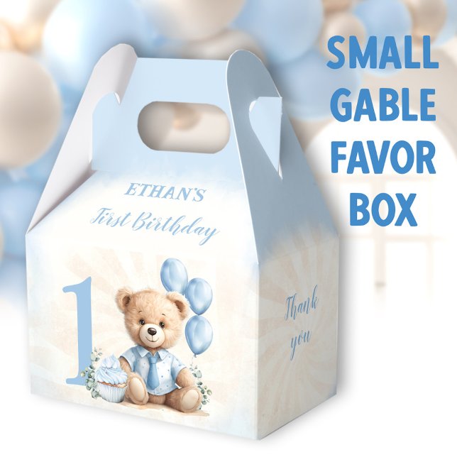 1. Geburtstag Blue Beige Teddy Bear Number Geschenkschachtel (Blue Bear Small Gable Favor Boxes - You can choose from 3 sizes of these gable favor boxes)