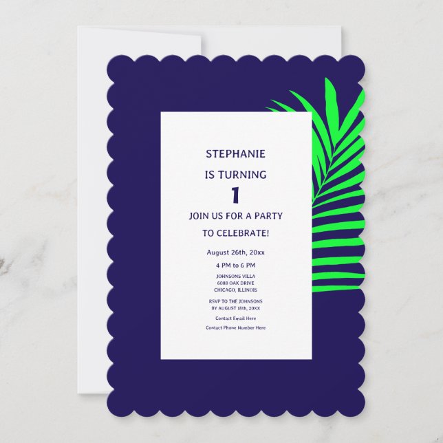 1. Geburtstag Blue Green Palm Leaf Tropical One Einladung (Vorderseite)